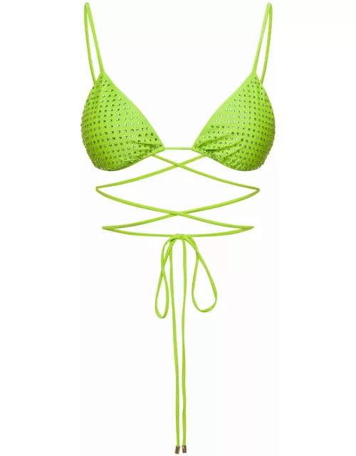 self-portrait Bikini Top With All-over Crystal Embellishment In Green Polyamide Woman