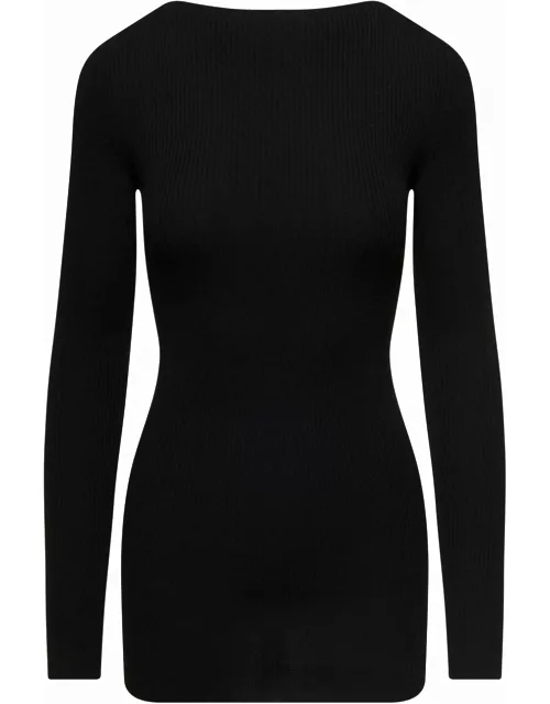 Rick Owens Long Black Ribbed Top With Round Cut-out In Wool Woman