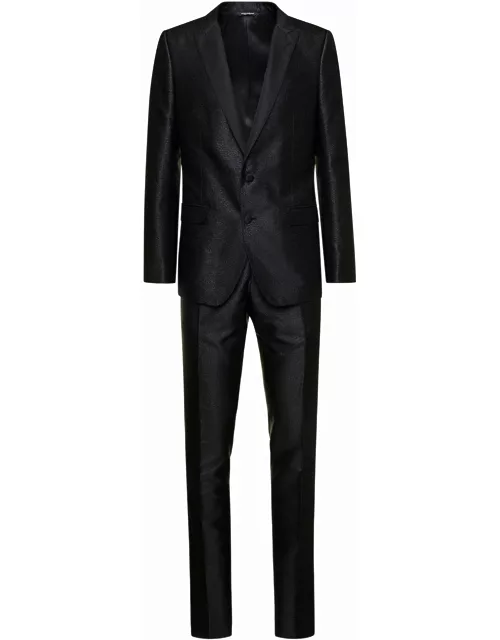 Dolce & Gabbana martini Black Single-brested Tuxedo Suit In Silk Lamé Jacquard Man