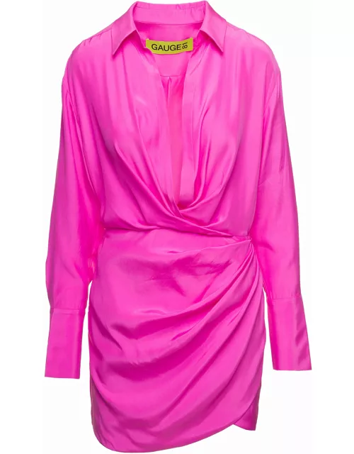naha Draped Shirt Mini Hot Pink Dress In Silk Woman Gaug