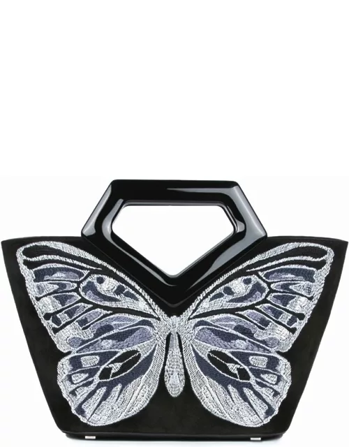 Black Micro Riviera Diamond suede bag with embroidered butterfly