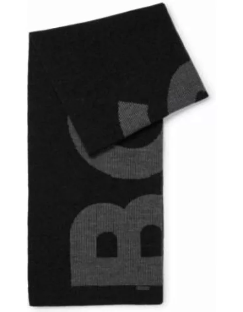 Pure-wool scarf with structured logo- Black Men's Scarve