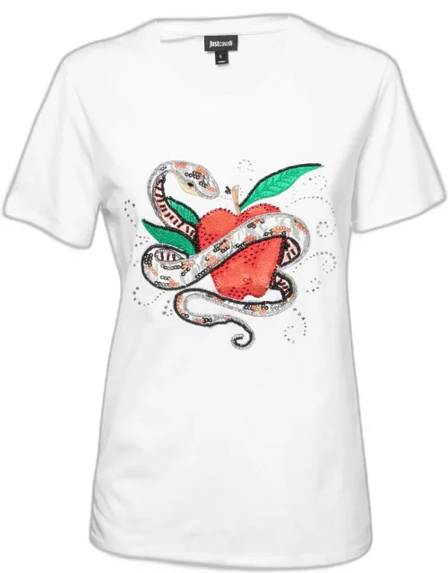 Just Cavalli White Cotton Crystal Embellished Crew Neck T-Shirt