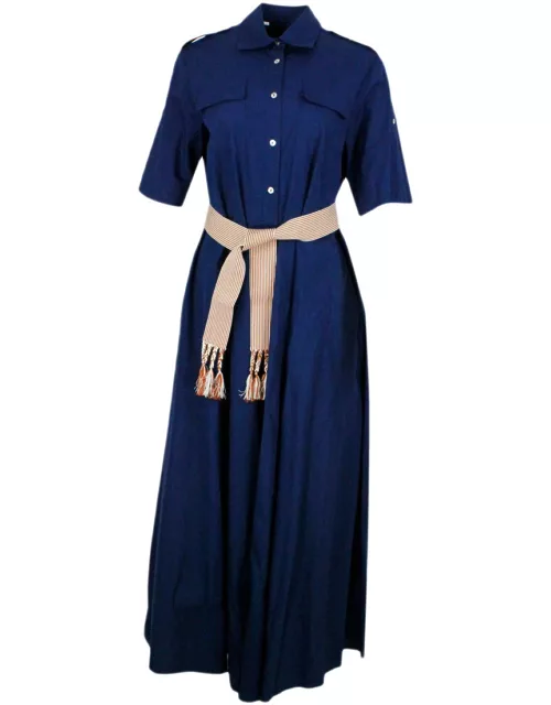 Barba Napoli Long Short-sleeved Dress In Stretch Cotton Embellished With A Fabric Belt At The Waist