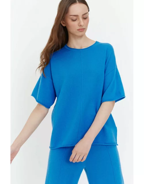Denim-Blue Wool-Cashmere Boxy T-Shirt