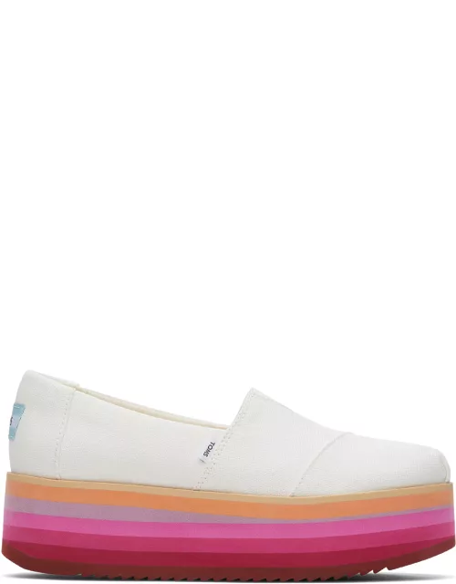 TOMS Women's White And Pink Alpargatas Platform Espadrille Slip-On Shoe
