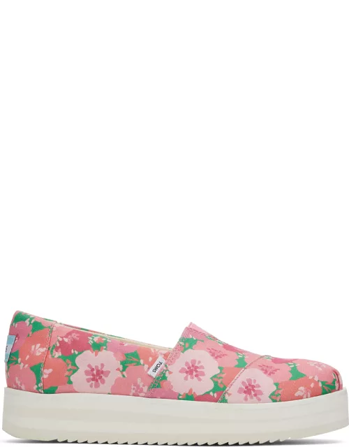 TOMS Women's Pink Poppies Print Alpargatas Midform Espadrille Slip-On Shoe
