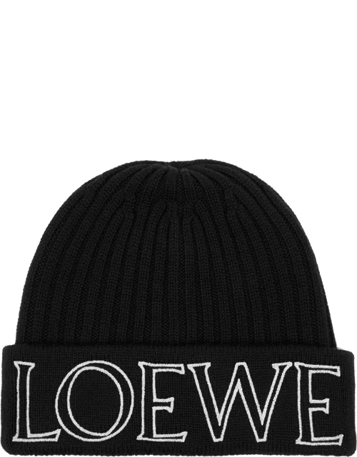 Loewe Logo-embroidered Ribbed Wool Beanie - Black