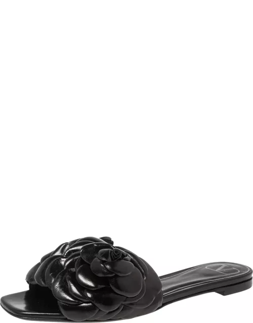 Valentino Garavani Black Leather Atelier 03 Rose Edition Slides Sandal