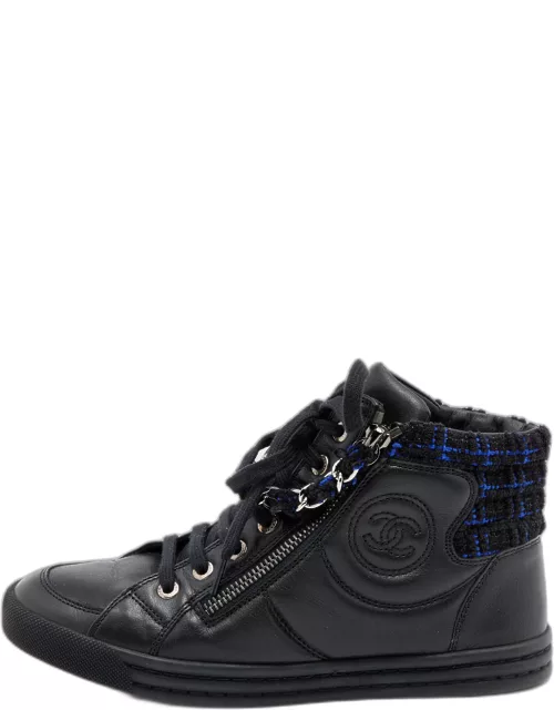 Chanel Black Leather CC Chain Link High Top Sneaker