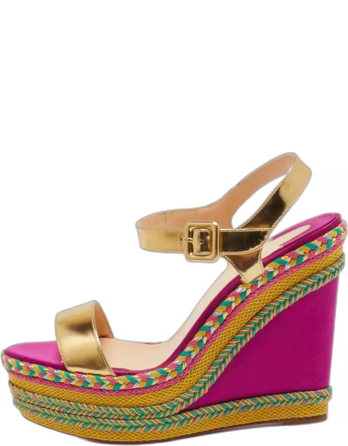 Christian Louboutin Multicolor Leather Espadrille Wedge Ankle Strap Sandal