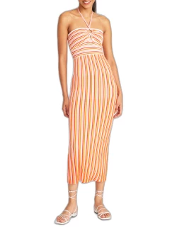 Valena Halter Striped Knit Midi Dres