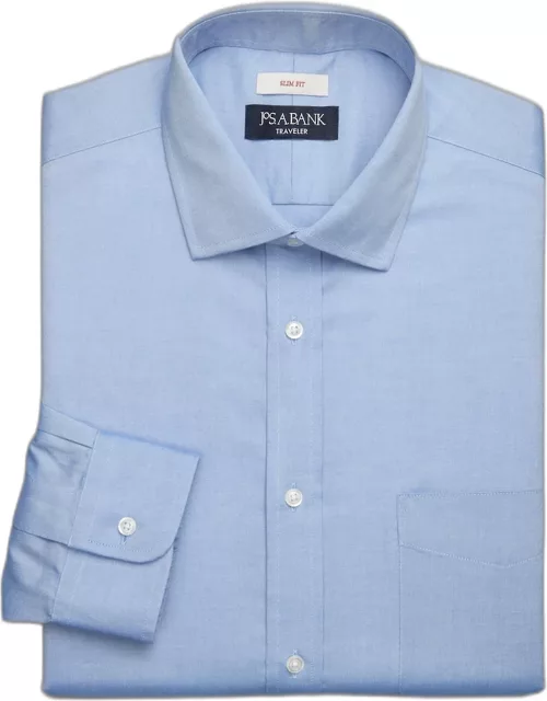 JoS. A. Bank Men's Traveler Collection Slim Fit Spread Collar Solid Dress Shirt, Original Blue