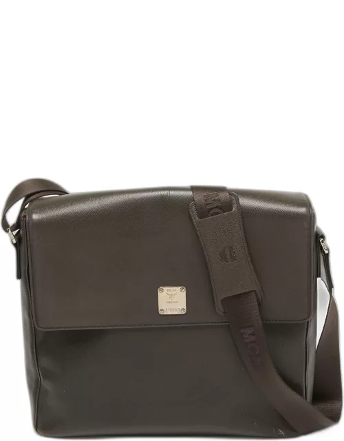 MCM Dark Brown Leather Flap Messenger Bag