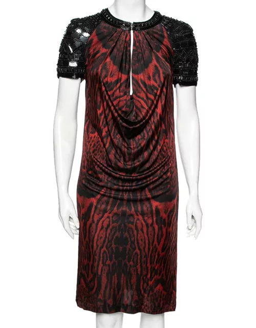 Roberto Cavalli Black & Red Animal Printed Embellished Jersey Dress