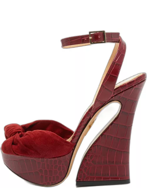 Charlotte Olympia Burgundy Croc Embossed Leather and Suede Ankle Strap Sandal