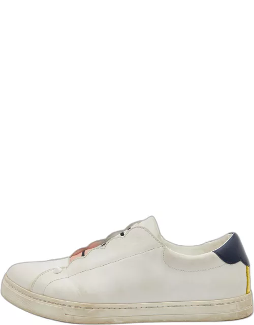 Fendi White Leather Logo Knit Rockoko Scallop Detail Slip On Sneaker