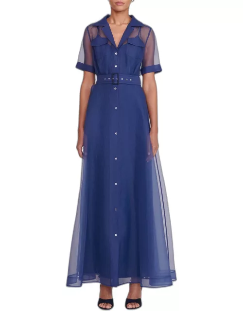 Millie Organza Short-Sleeve Belted Maxi Shirtdres