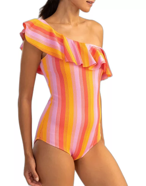 Striped One-Shoulder Ruffle One-Piece Swimsuit