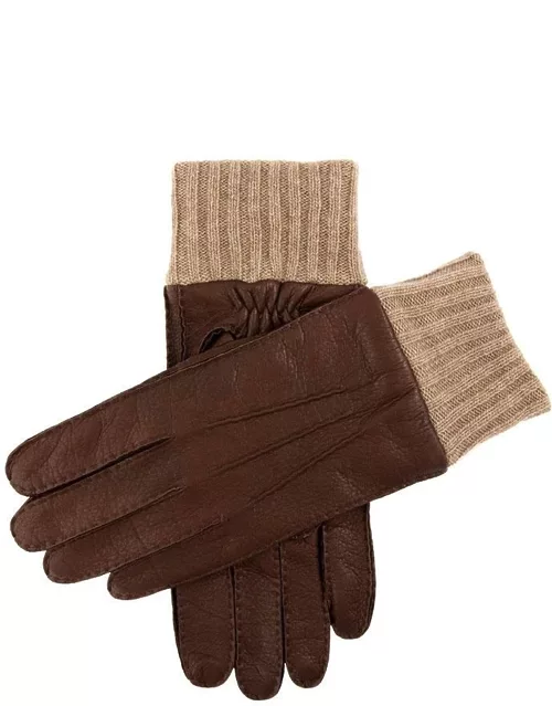 Dents Men's Handsewn Cashmere Lined Deerskin Leather Gloves With Knitted Cashmere Cuffs In Bark/beige
