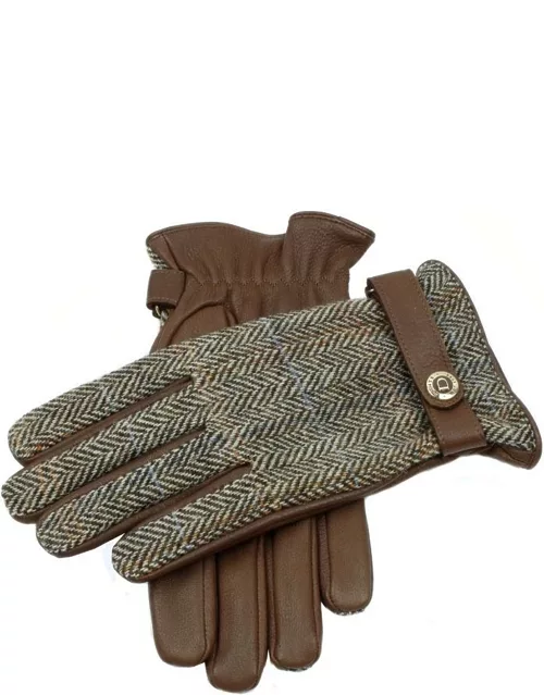 Dents Men's Cashmere Lined Harris Tweed & Deerskin Leather Gloves In Havana/grouse/beige