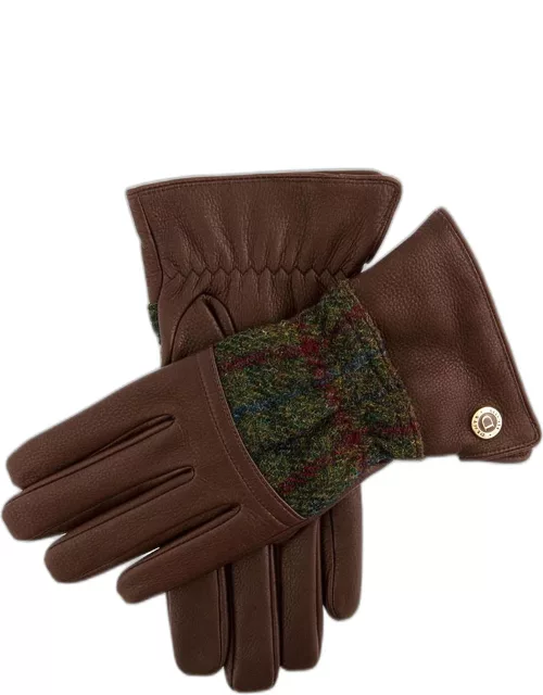 Dents Men's Cashmere Lined Harris Tweed & Deerskin Leather Gloves In Bark/sage/pine
