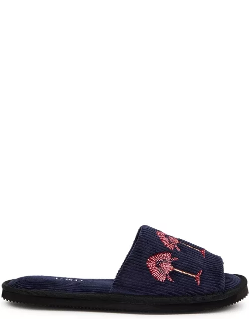 Desmond & Dempsey Ravenala Embroidered Corduory Slippers - Navy