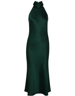 Galvan Sienna Halterneck Satin Midi Dress - Dark Green