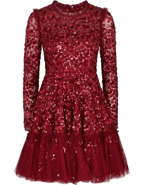 Needle & Thread Alina Embellished Ruffled Tulle Mini Dress - RED
