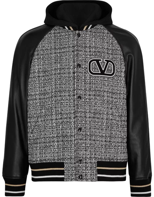 Valentino Hooded Tweed And Leather Varsity Jacket - Grey