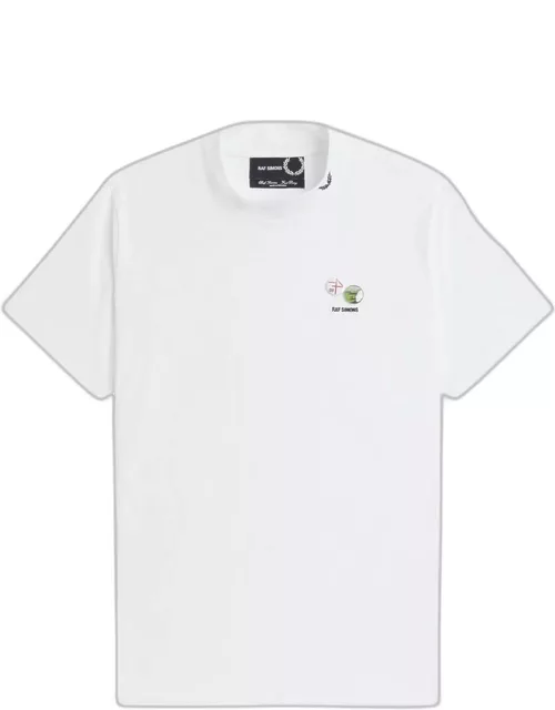 White crew-neck t-shirts with pins and logo