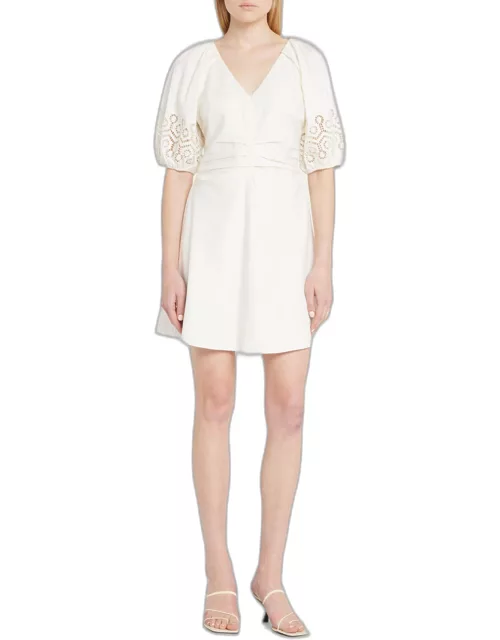 Lacey Broderie Puff-Sleeve Mini Poplin Dres