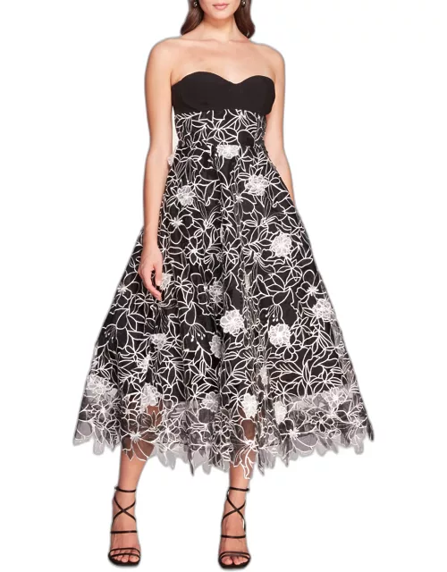 Strapless Floral-Embroidered Midi Dres
