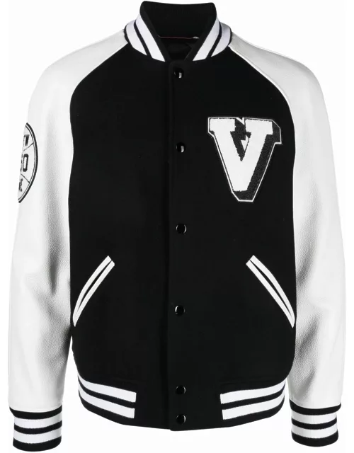 Valentino Garavani logo-patch leather sleeve bomber jacket