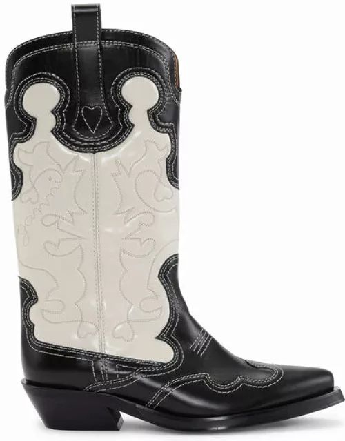 GANNI Monochrome Mid Shaft Embroidered Western Boots in White