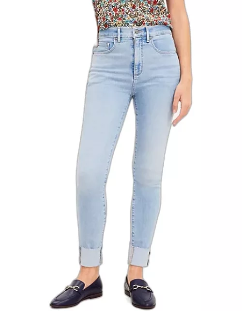 Loft Tall Frayed Cuff Button Front High Rise Skinny Jeans in Light Wash Indigo