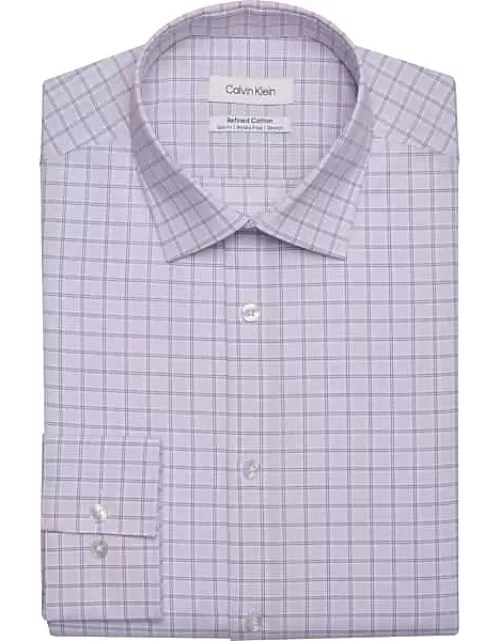 Calvin Klein Men's Refined Cotton Slim Fit Grid Spread Collar Dress Shirt Lilac Plaid