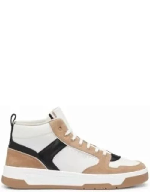 High-top trainers in leather with logo details- Light Brown Men's Shoe