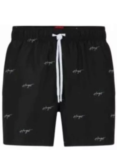 Quick-dry swim shorts with handwritten logos- Black Men's Swim Short