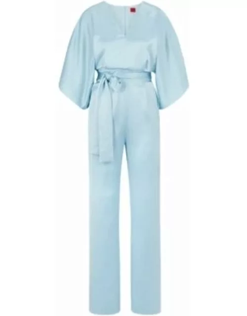 Satin V-neck jumpsuit with wide sleeves and tie belt- Light Blue Women's Day Dresse