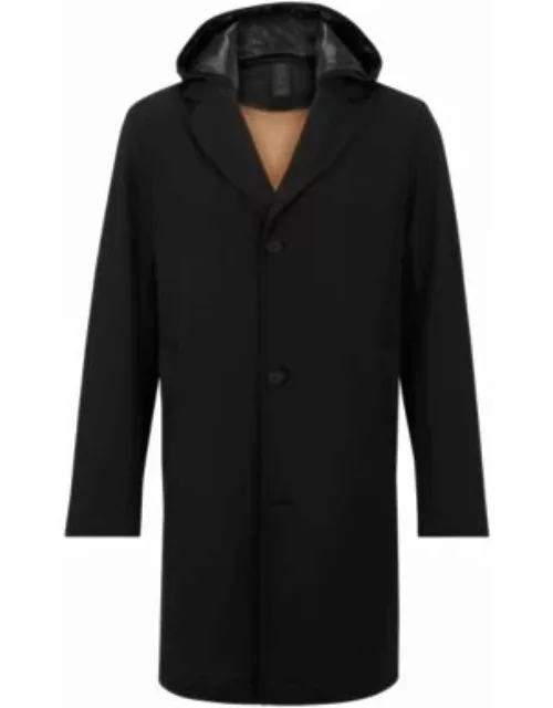 Relaxed-fit coat with contrast hood in performance stretch- Black Men's Formal Coat