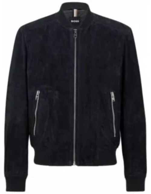 Suede bomber jacket with knitted trims- Dark Blue Men's Leather Jacket