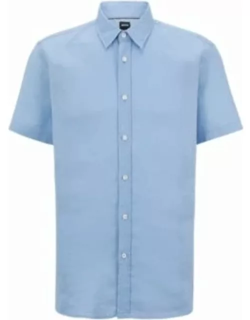 Slim-fit short-sleeved shirt in stretch-linen chambray- Light Blue Men's Casual Shirt