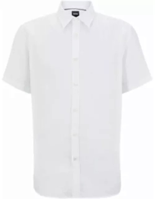 Slim-fit short-sleeved shirt in stretch-linen chambray- White Men's Casual Shirt