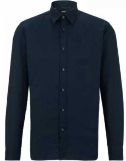 Slim-fit shirt in stretch-linen chambray- Dark Blue Men's Casual Shirt