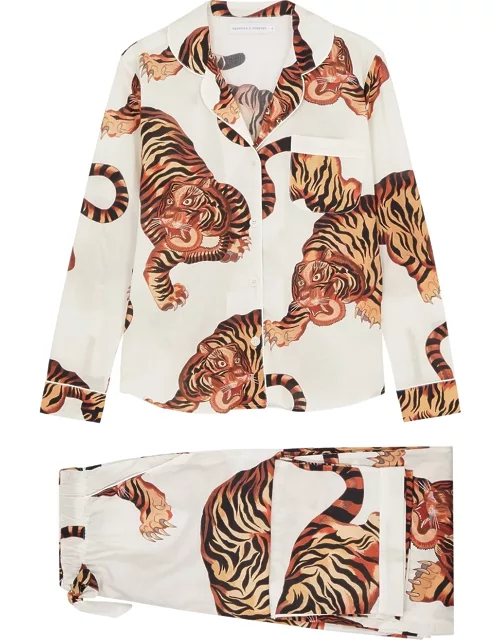 Desmond & Dempsey Rayas Tiger-print Cotton Pyjama Set - Cream