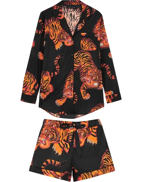 Desmond & Dempsey Rayas Tiger-print Cotton Pyjama Set - Black