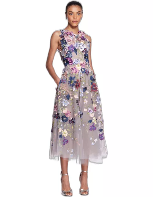 Marchesa Floral- Embroidered A-Line Midi Dres