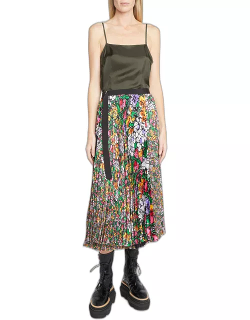 Floral-Print Pleated Midi Skirt with Belt