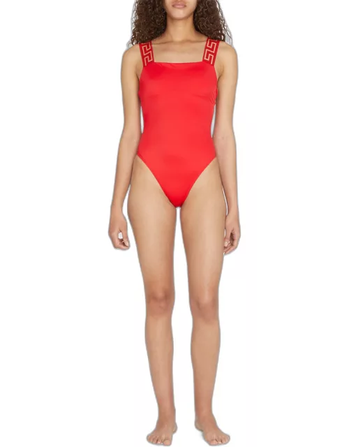 Square-Neck Greca-Strap One-Piece Swimsuit